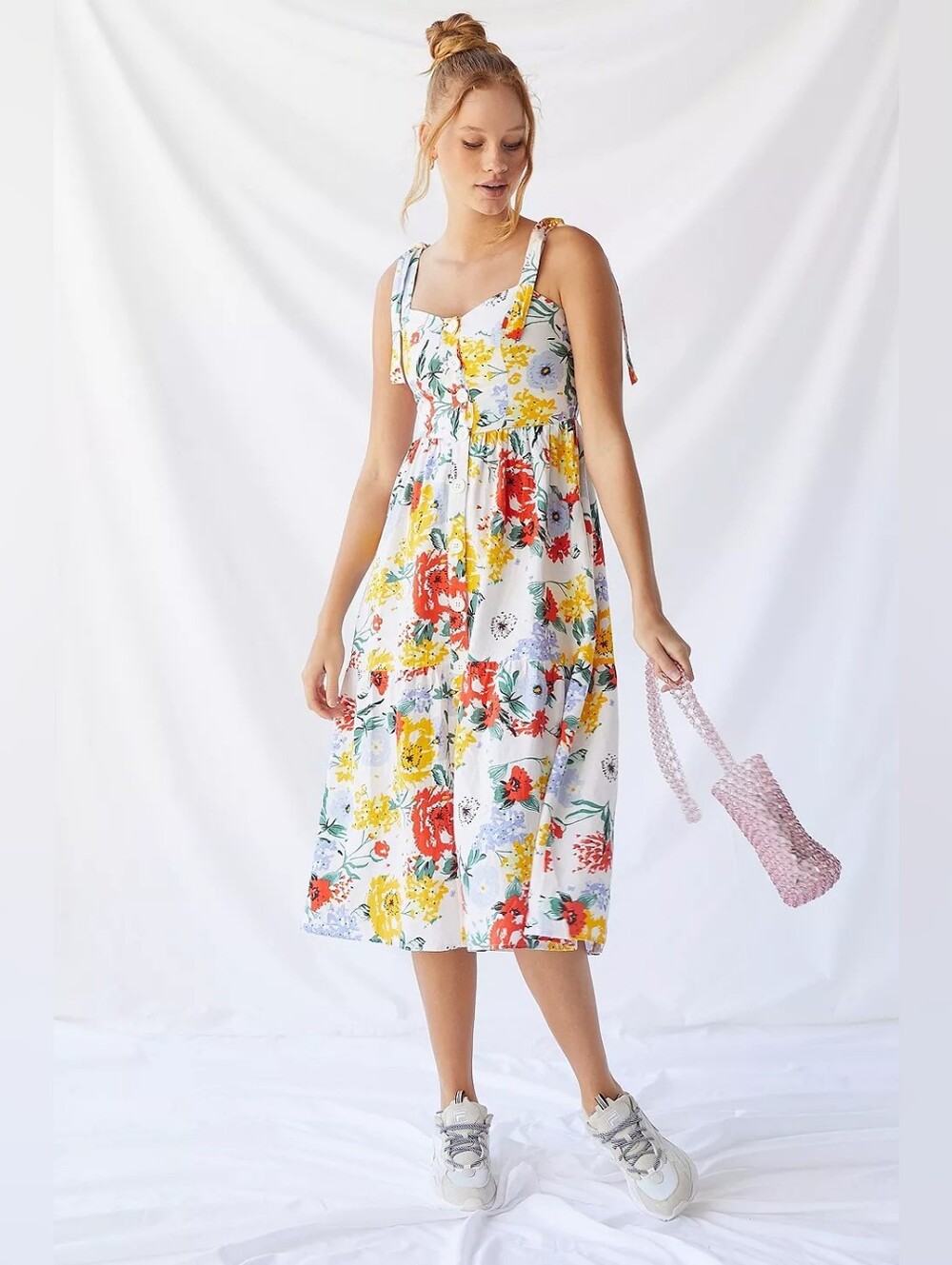 Urban Outfitters Positano Linen Tie Shoulder Floral Midi Dress XS